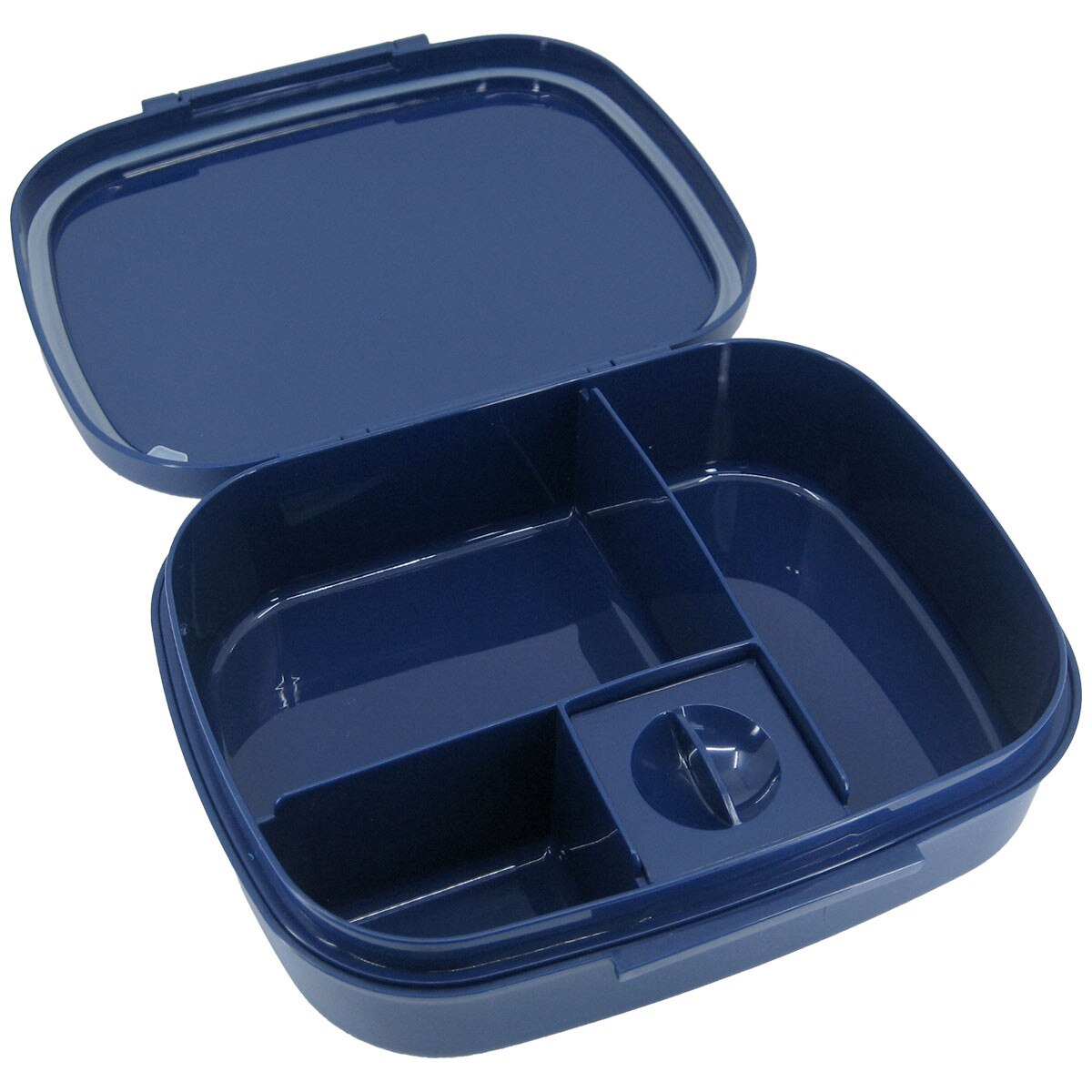 navy plastic travel lunch box open view